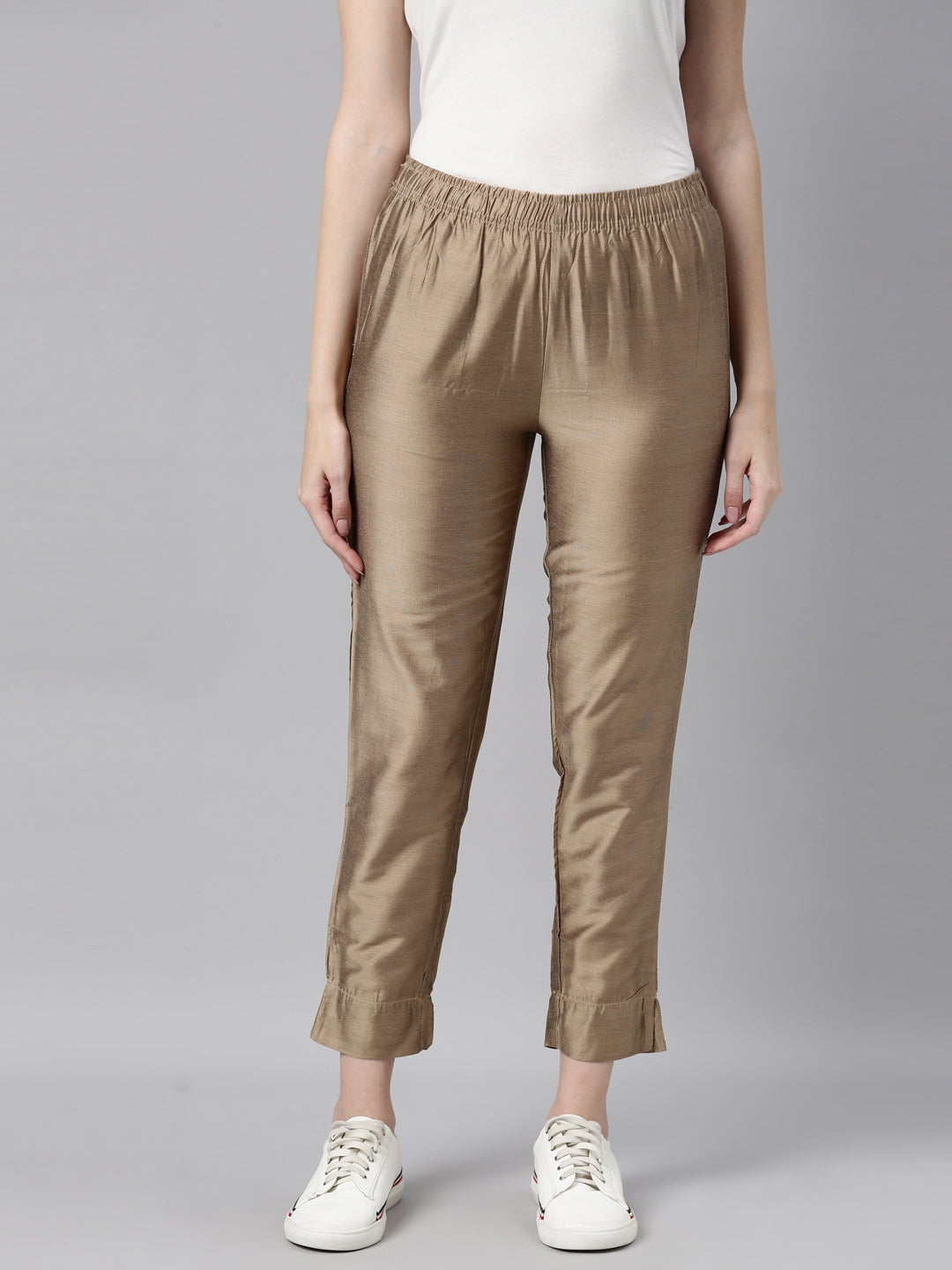 Khaki Solid Cotton Women Tapered Fit Pants - Selling Fast at Pantaloons.com